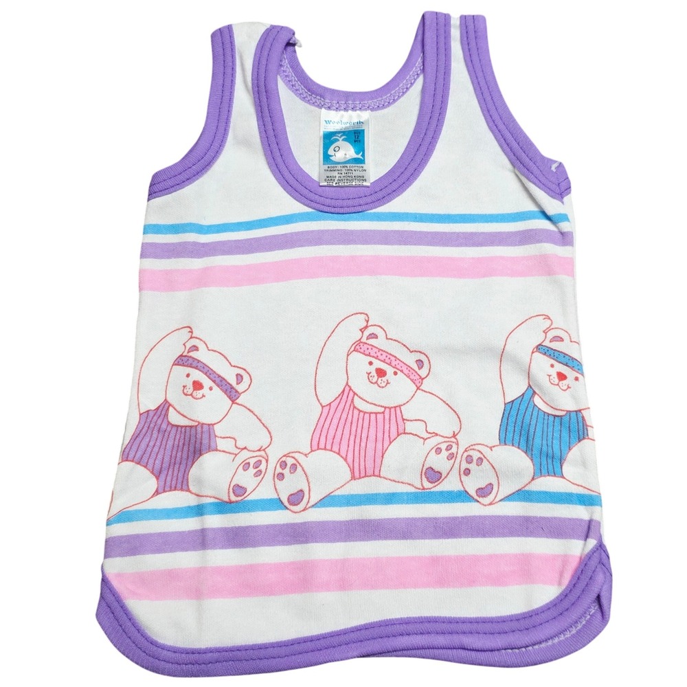 Vintage 70s Woolworth Baby Tank Top 12 Month White Purple Stripe Exercise Bears